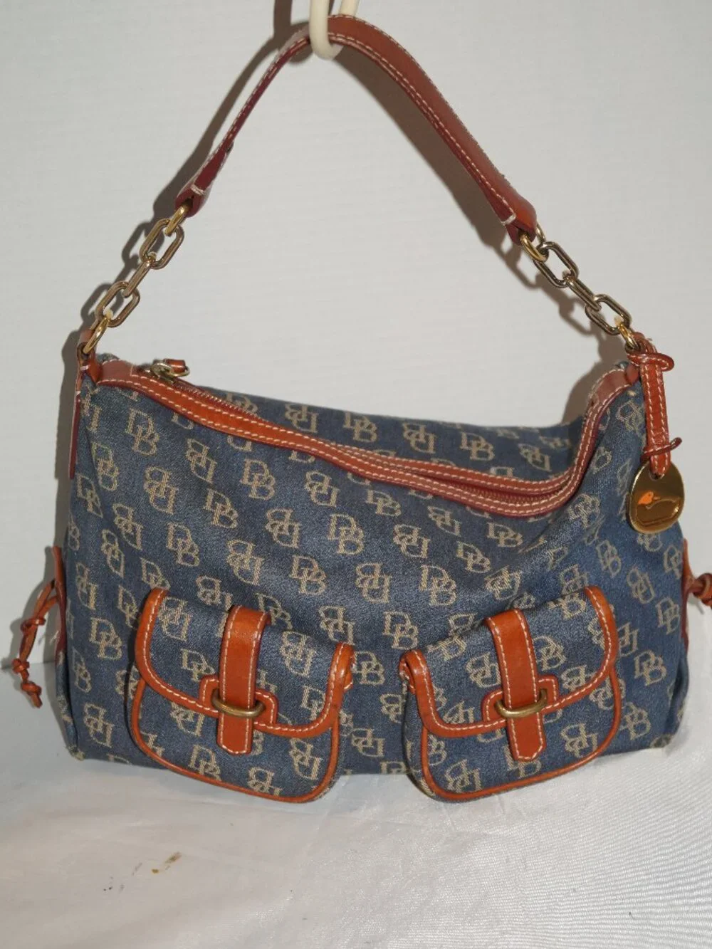 Dooney & Bourke Denim Handbag Blue Brown Leather Large Purse Monogram Medallion - Picture 1 of 12
